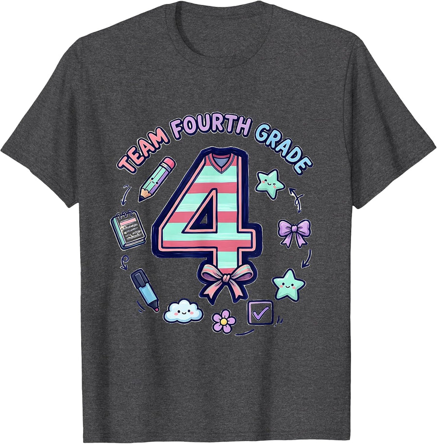 Men's Team Fourth Grade Kawaii Doodle Coquette Bow Back To School T-Shirt - Dark Heather Grey