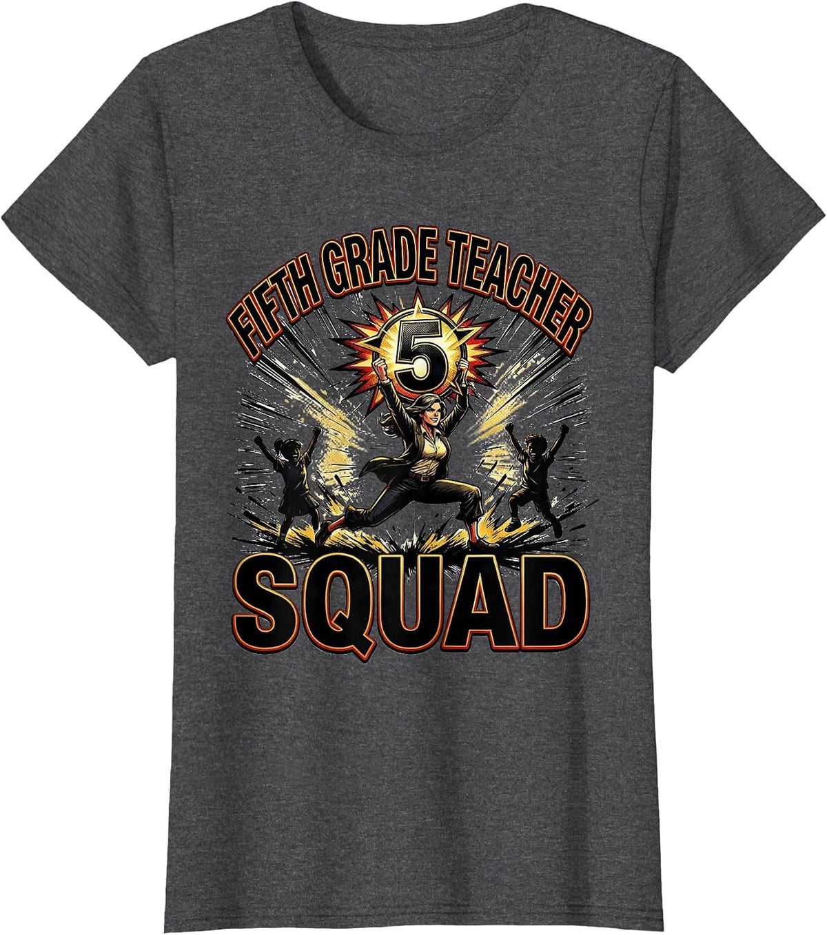 Women's Fifth Grade Teacher Squad Comic Book Teacher Appreciation T-Shirt - Dark Heather Grey