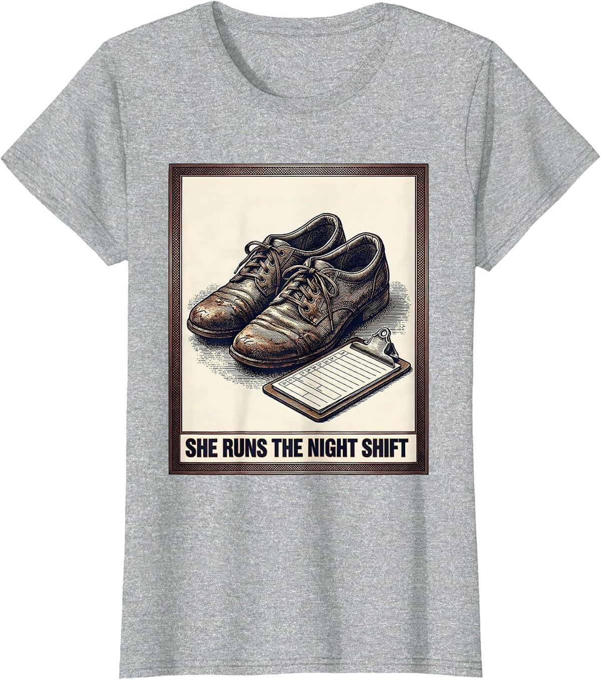 Women's She Runs The Night Shift Crosshatch Etching Nurse Humor T-Shirt - Heather Grey