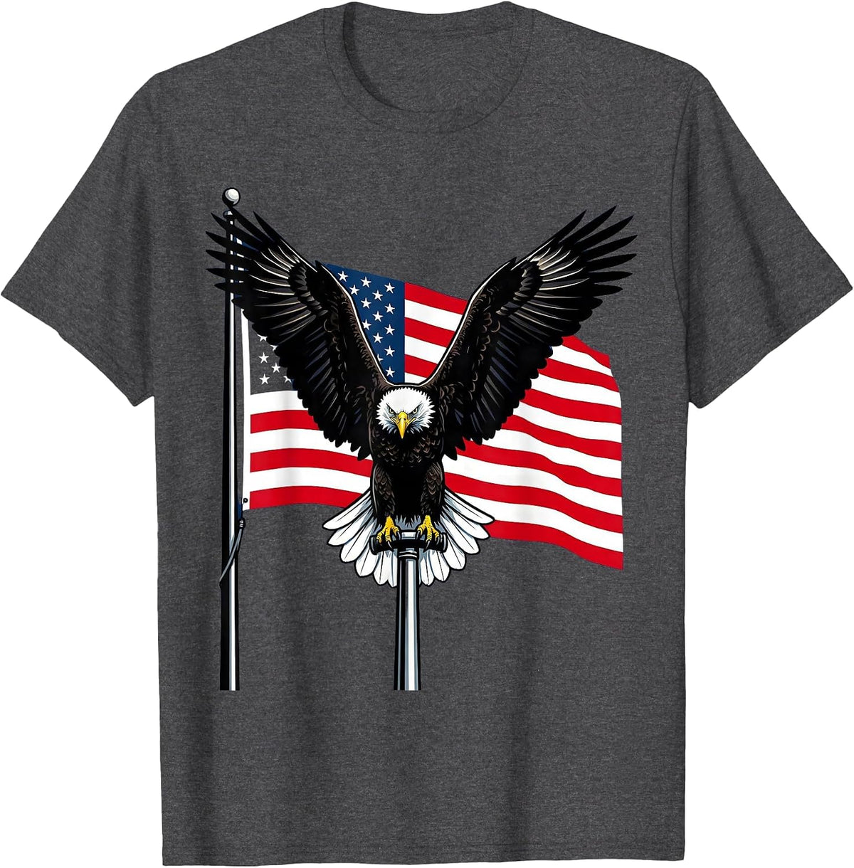 Bold Eagle on American Flag Pole Patriotic Design T-Shirt - Dark Heather Grey