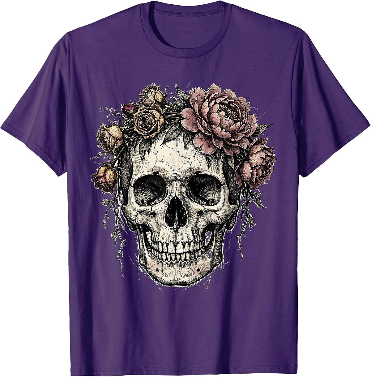 Skull Crowned With Wilting Flowers Emo Design T-Shirt - Purple