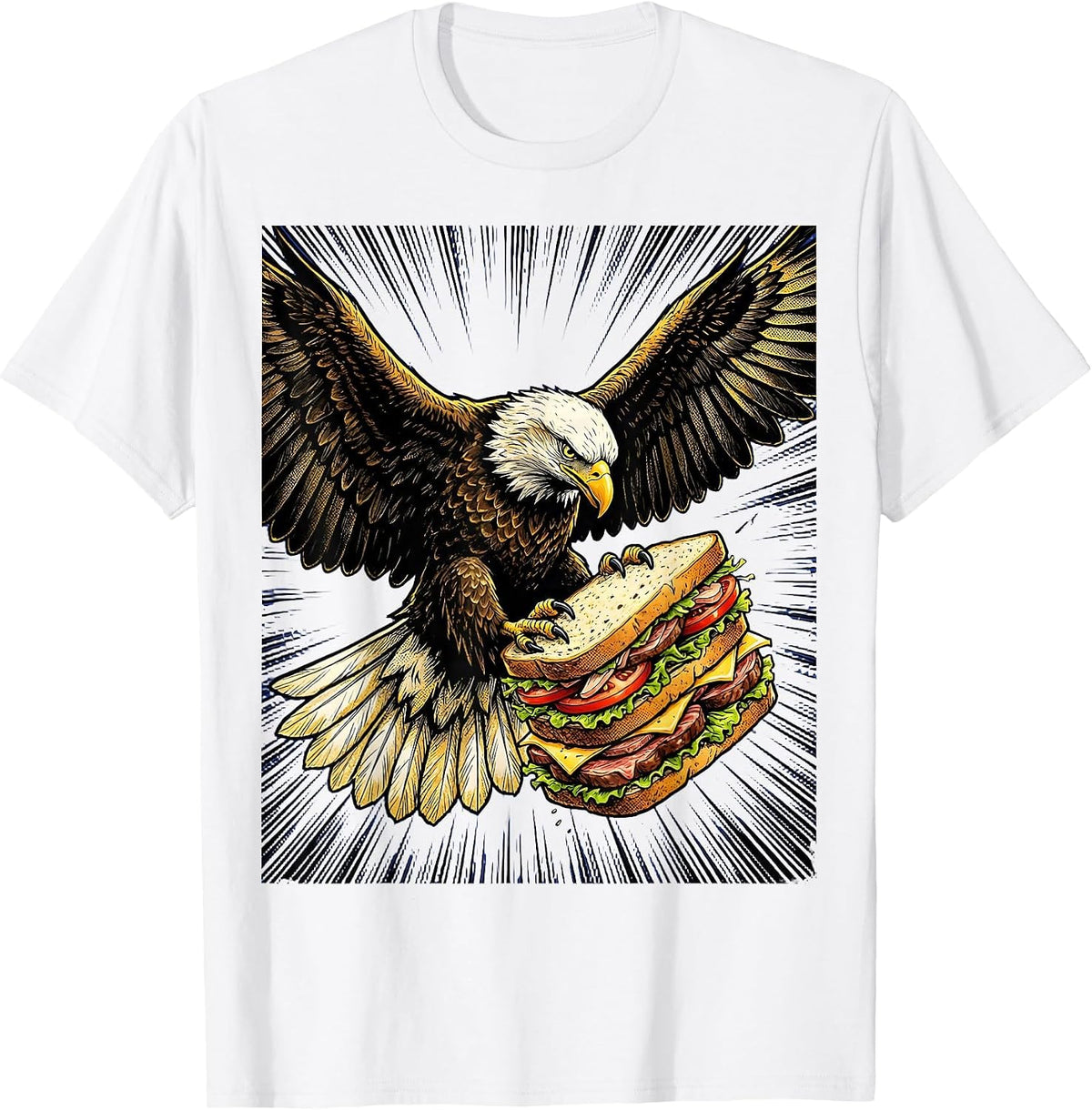 Men's Eagle Carrying Giant Sandwich Funny Bird Art T-Shirt - White