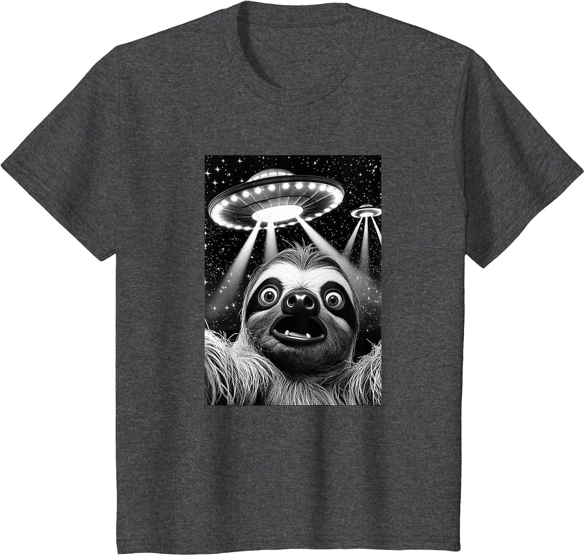 Sloth UFO | Funny Invasion Meme Retro Alien Sloth UFO Selfie T-Shirt - Dark Heather Grey