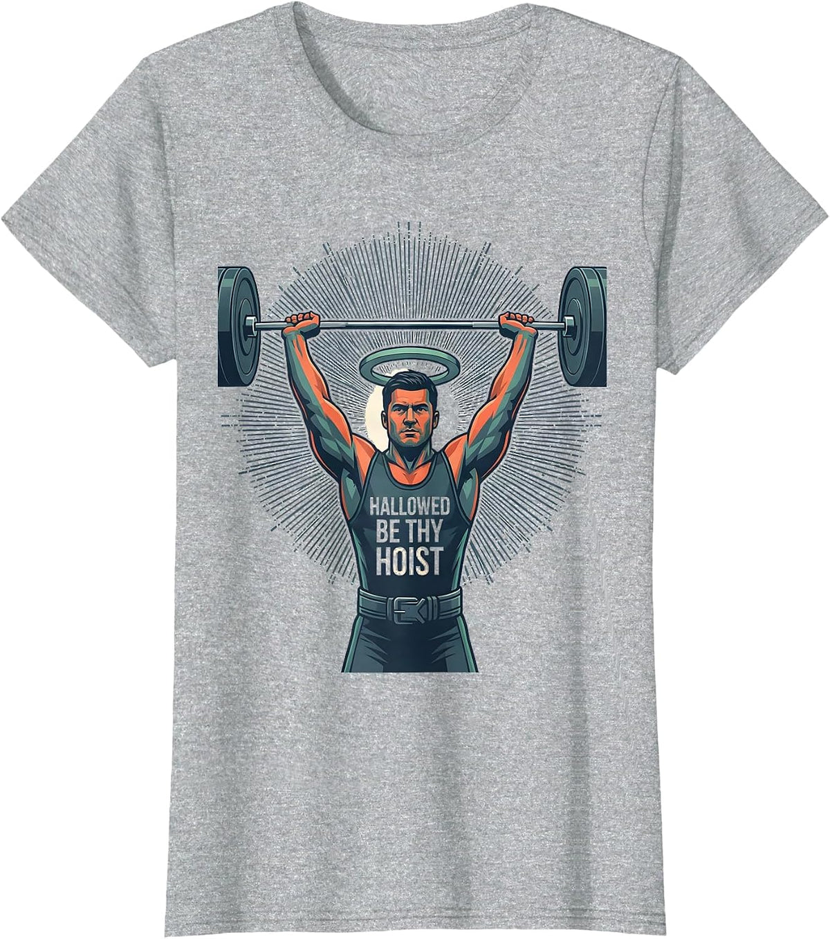 Women's Hallowed Be Thy Hoist Funny Christian Gym Weightlifter Humor T-Shirt - Heather Grey