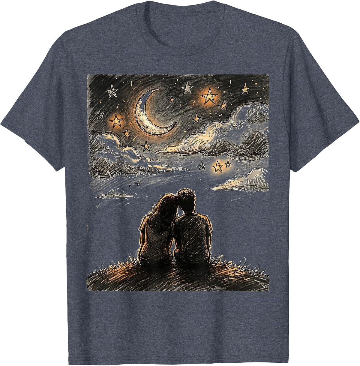 Suicide Prevention Two Silhouettes Night Sky Design T-Shirt - Heather Blue