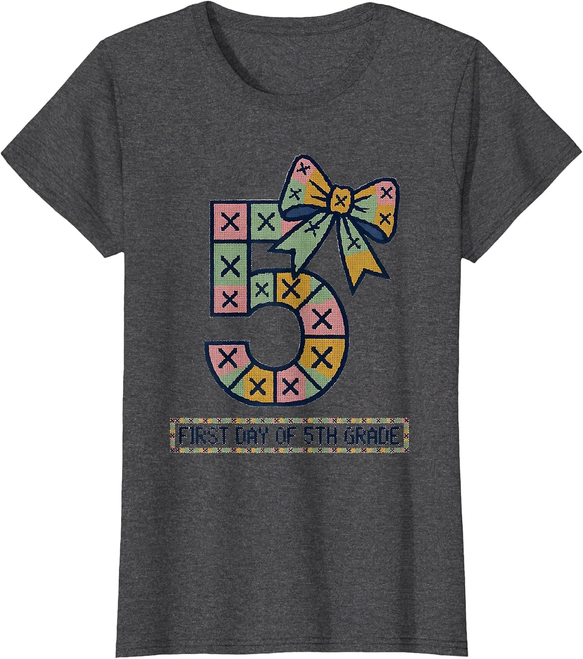 Women's First Day Of 5th Grade Coquette Bow Back To School Teacher T-Shirt - Dark Heather Grey