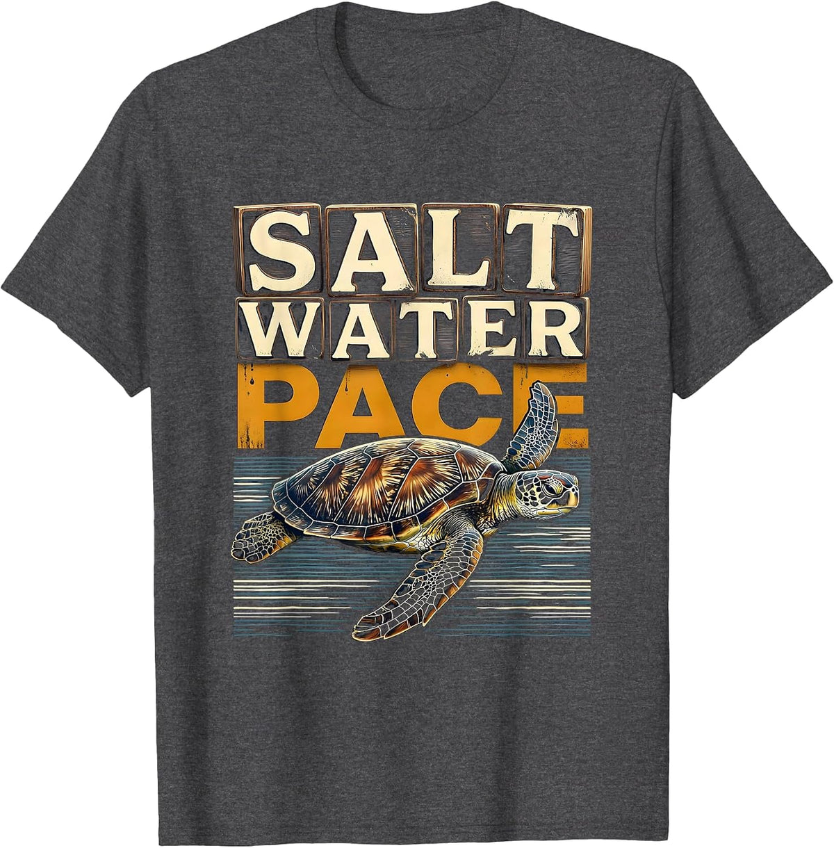Men's Salt Water Pace Wood Type Letterpress Sea Turtle Souvenir T-Shirt - Dark Heather Grey