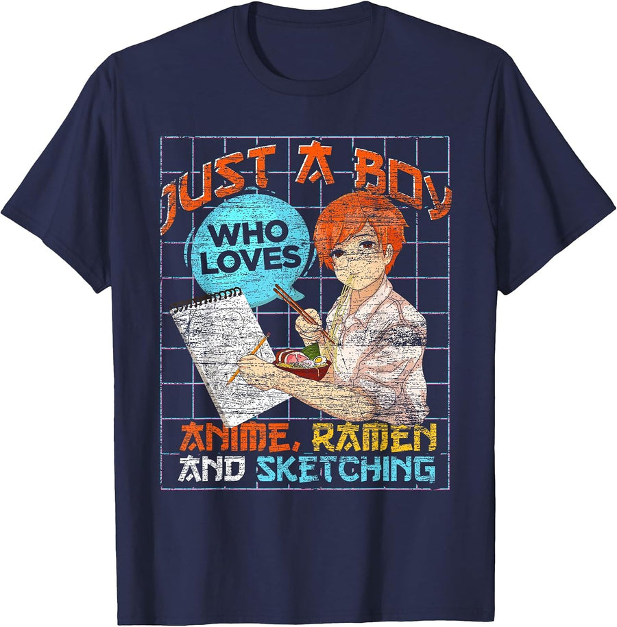 Just A Boy Who Loves Anime Ramen and Sketching Manga Anime T-Shirt - Navy Blue