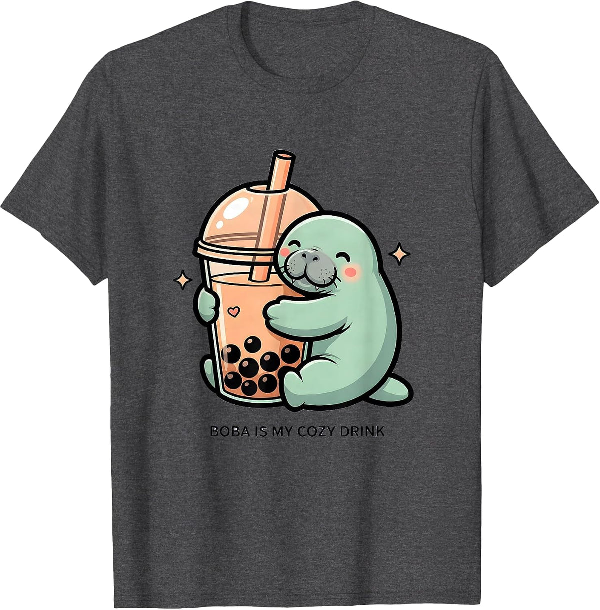 Boba Is My Cozy Drink Cute Kawaii Manatee Bubble Tea Lover T-Shirt - Dark Heather Grey