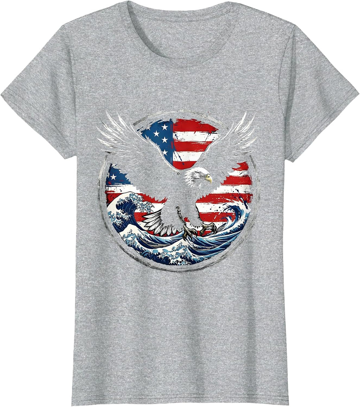 Bold Eagle Soaring Over Red White and Blue Waves T-Shirt - Heather Grey