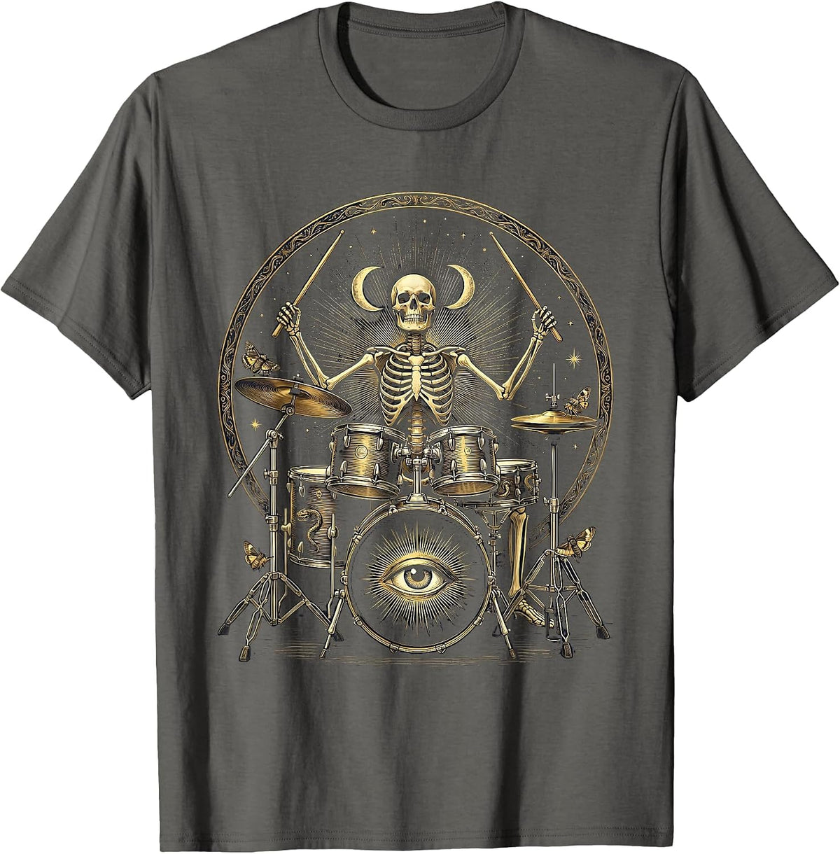 Skeleton Drummer Full Energy Drum Kit Graphic T-Shirt - Asphalt Grey