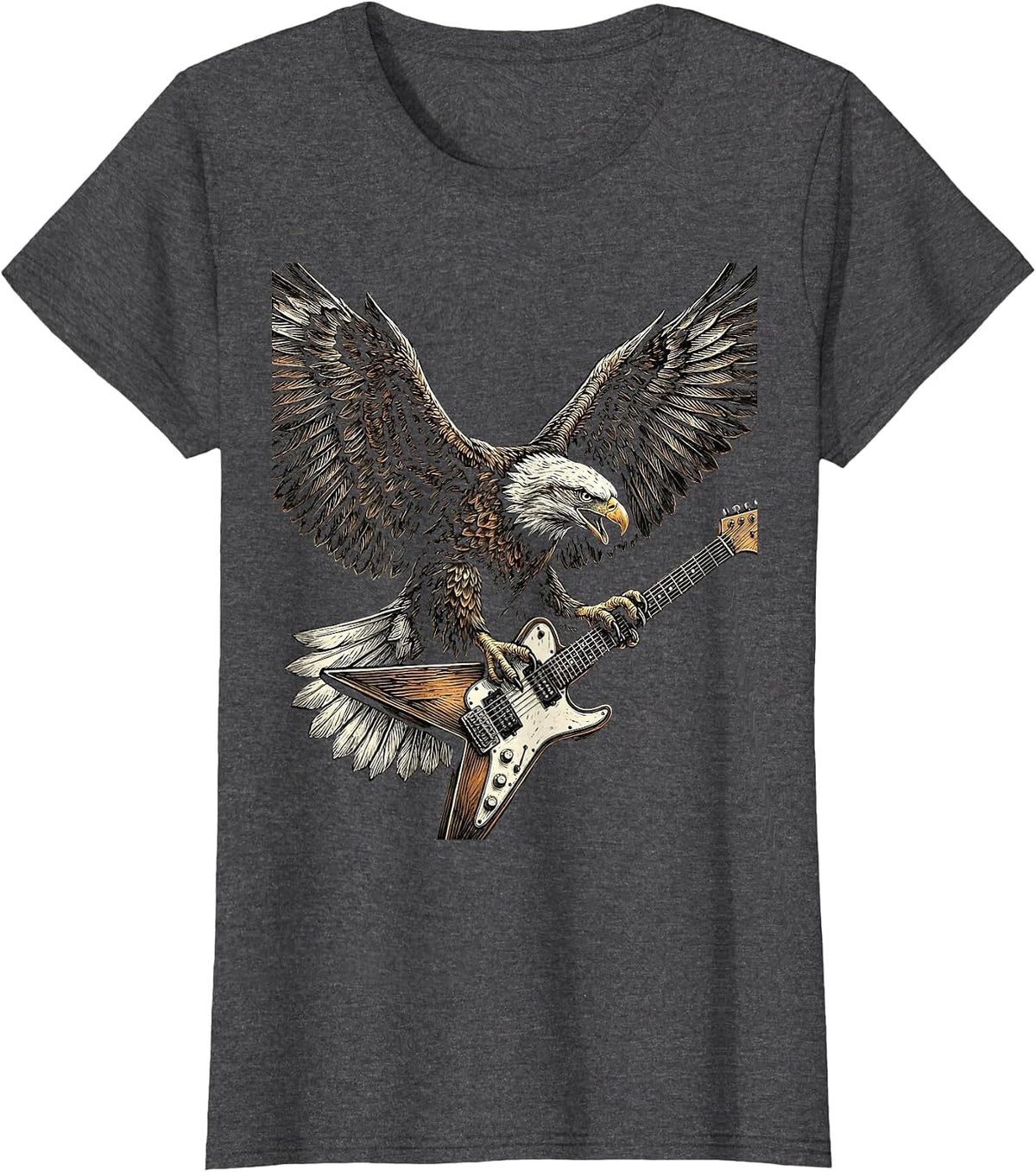 Women's Bald Eagle Flying-V Guitar Rock and Roll Graphic T-Shirt - Dark Heather Grey