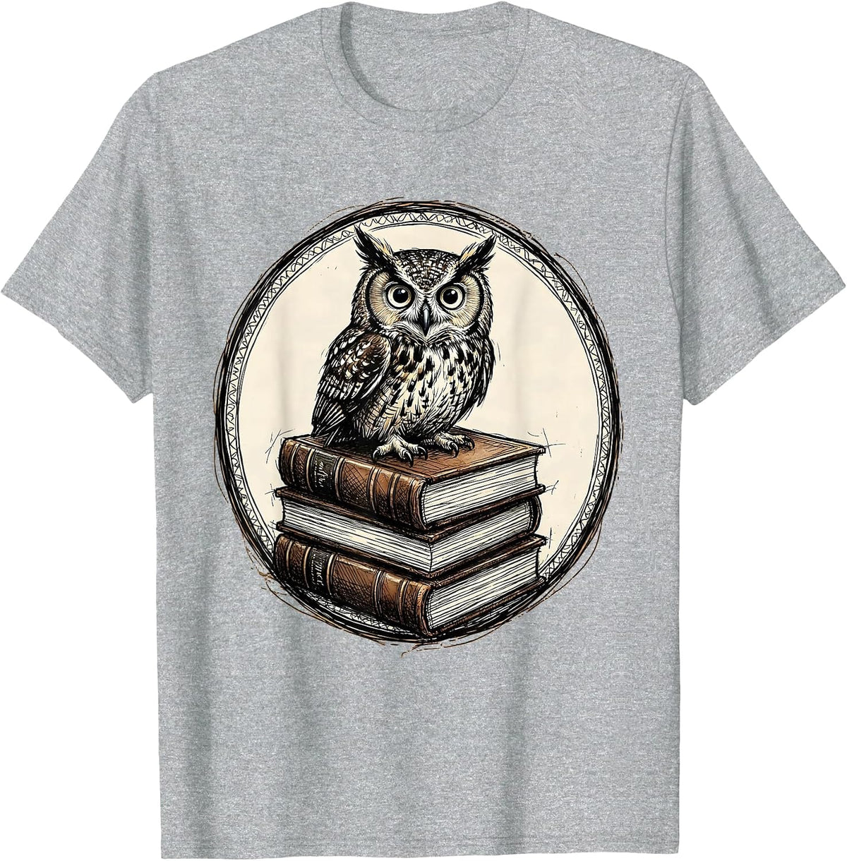 Men's Owl Perched on Stacked Leather Books Illustration T-Shirt - Heather Grey