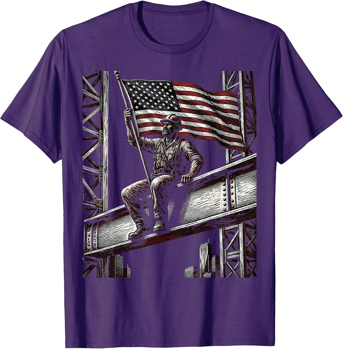 American Flag Construction Worker Steel Beam T-Shirt - Purple