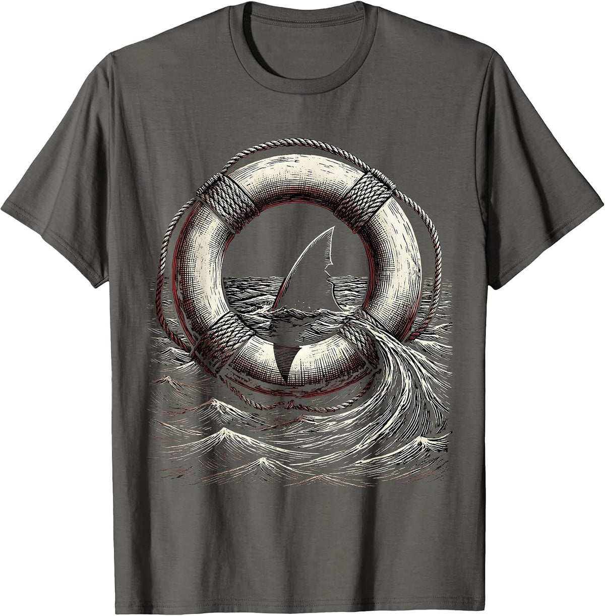 Shark Fin Circling Lifebuoy Cruise Design T-Shirt - Asphalt Grey
