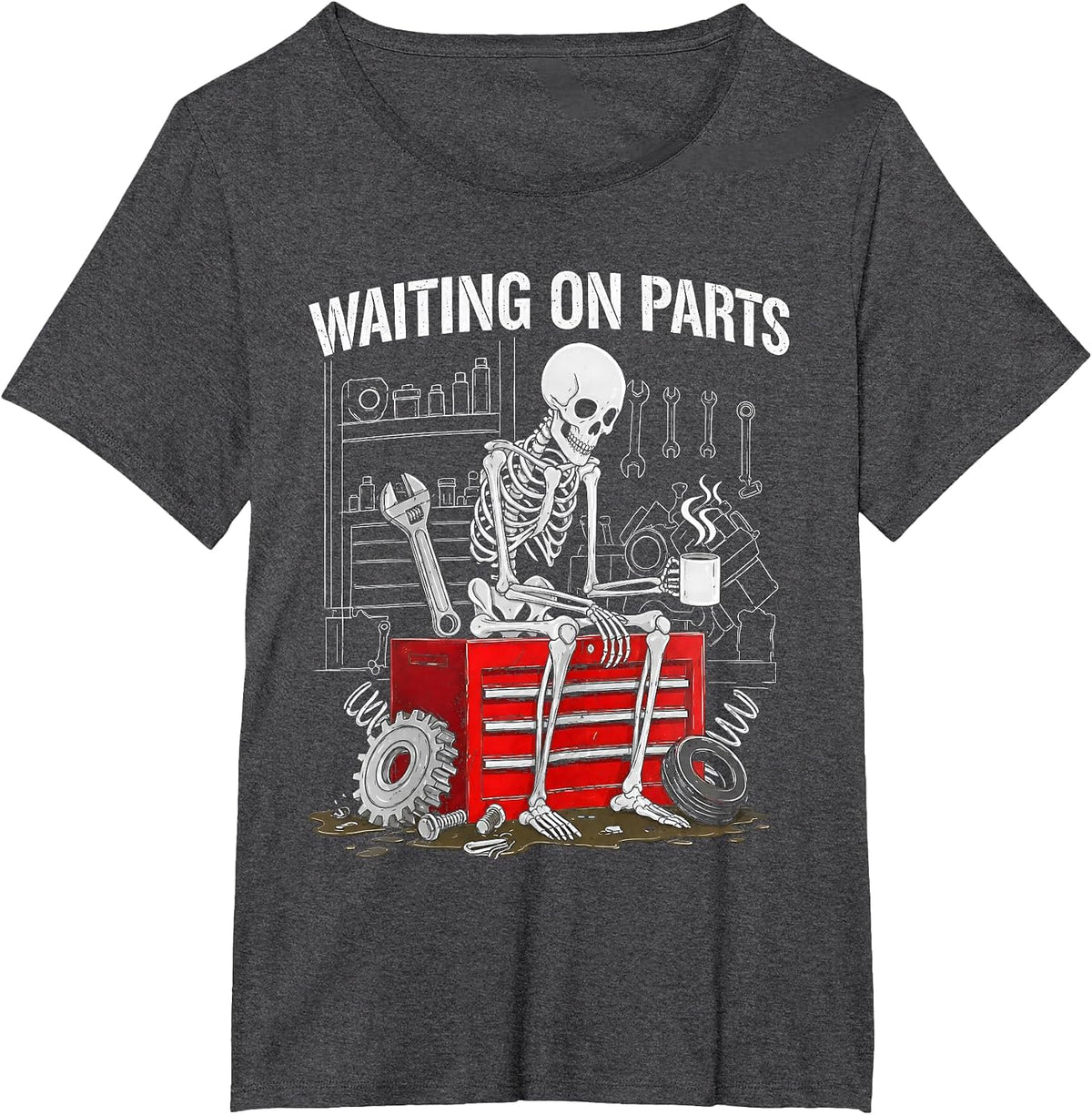 Funny Waiting On Parts Mechanic Skeleton Auto Repair Life T-Shirt - Dark Heather Grey