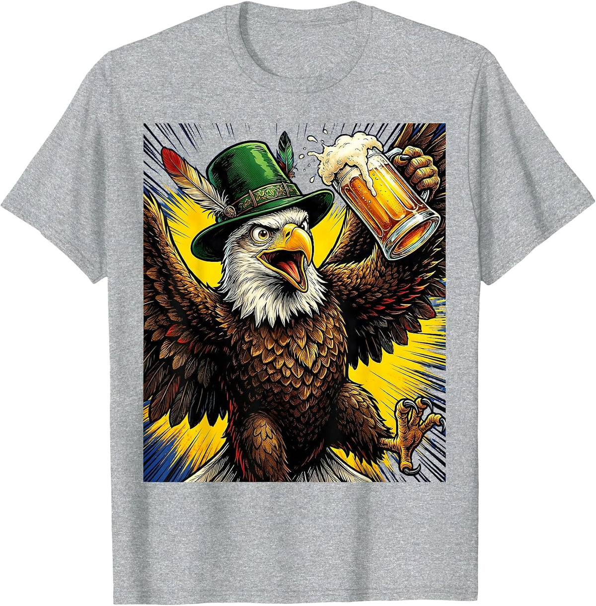 Men's Bald Eagle Bavarian Hat Beer Oktoberfest T-Shirt - Heather Grey