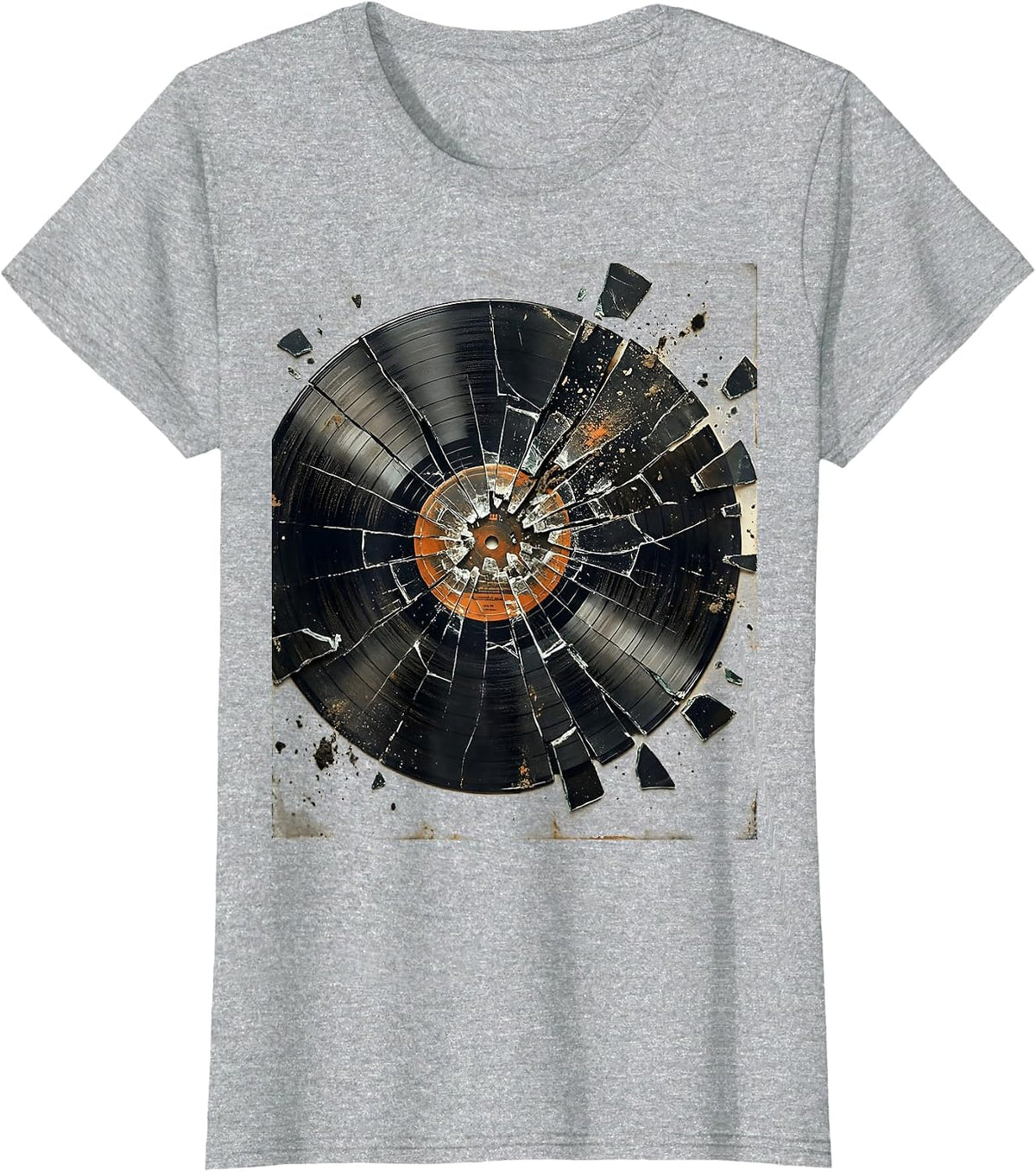 Shattered Vinyl Record Punk Art Design T-Shirt - Heather Grey