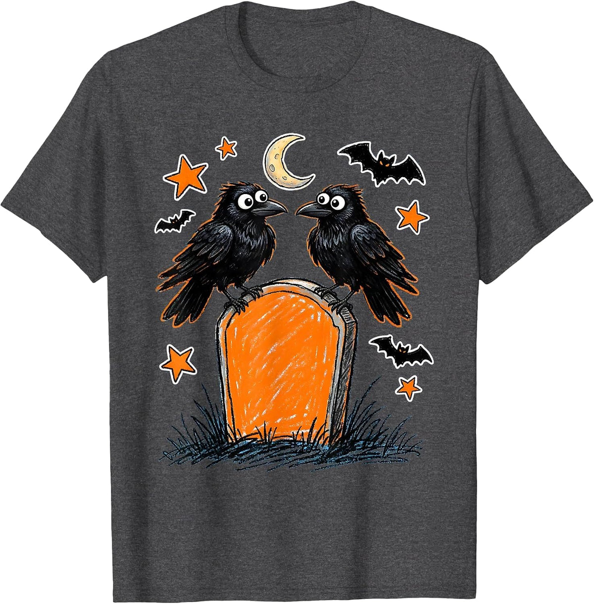 Twin Ravens on Tombstone Halloween Gothic Design T-Shirt - Dark Heather Grey