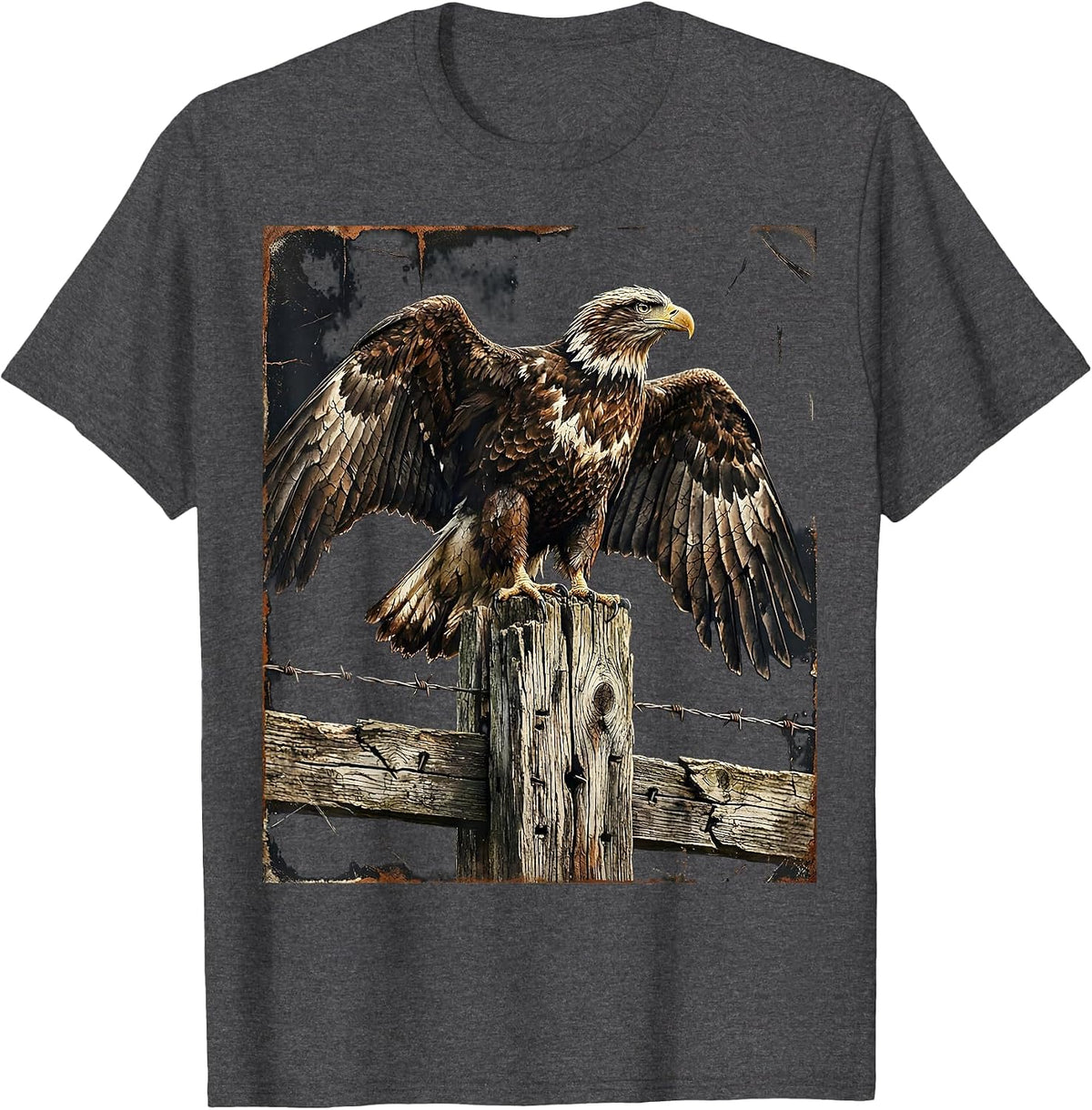 Eagle on Weathered Fence Post Western Graphic T-Shirt - Dark Heather Grey