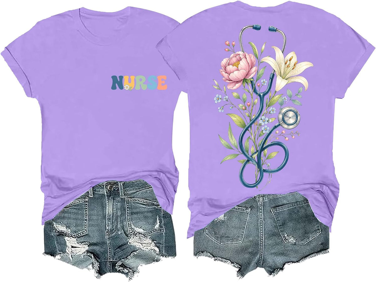 Nurse Shirts Women Nurse T-Shirt Funny Boho Floral Stethoscope Graphic Tees - Crew Neck Light Purple