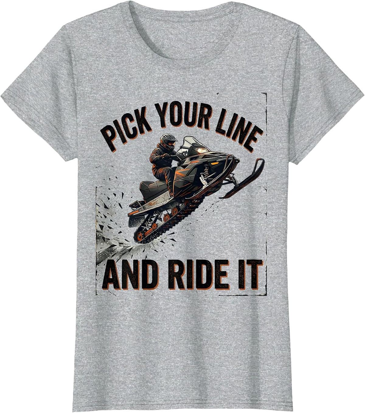Pick Your Line And Ride It Distressed Snowmobiling Rider T-Shirt - Heather Grey