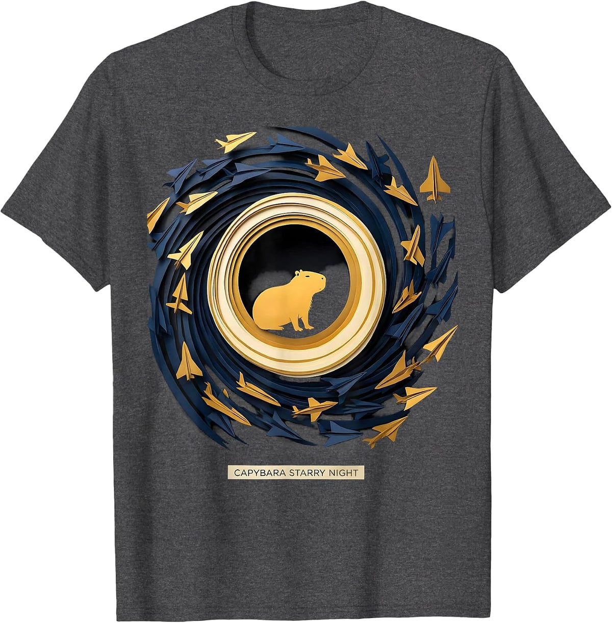 Men's Capybara Starry Night Paper Cutout Van Gogh Parody Animal T-Shirt - Dark Heather Grey