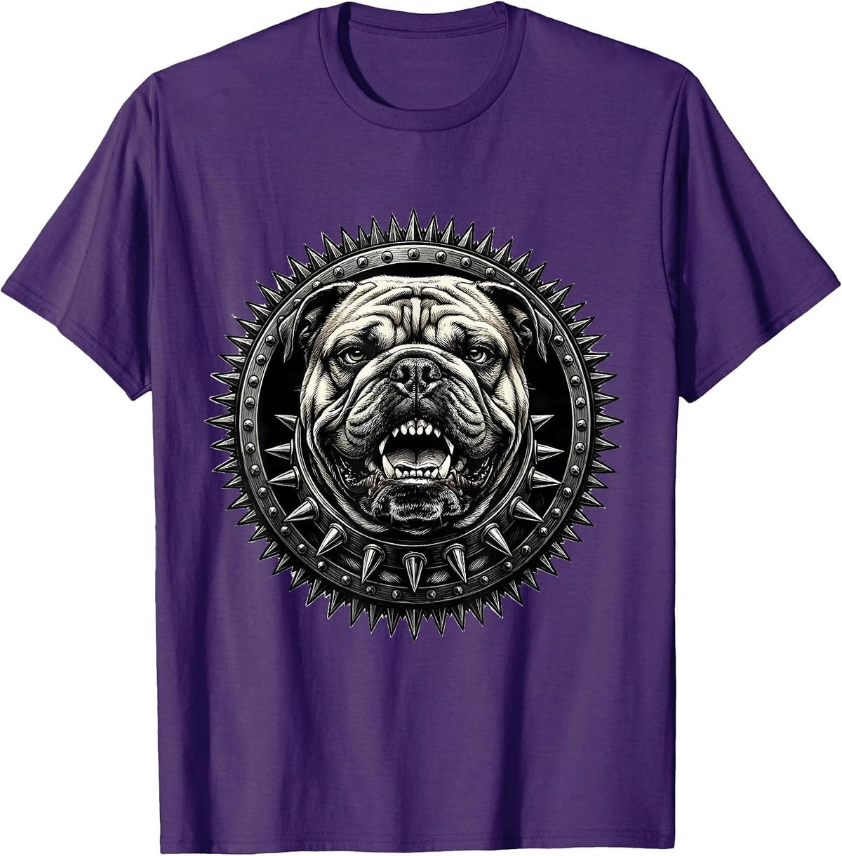 Punk Rock Snarling Bulldog Spiked Collar Graphic T-Shirt - Purple