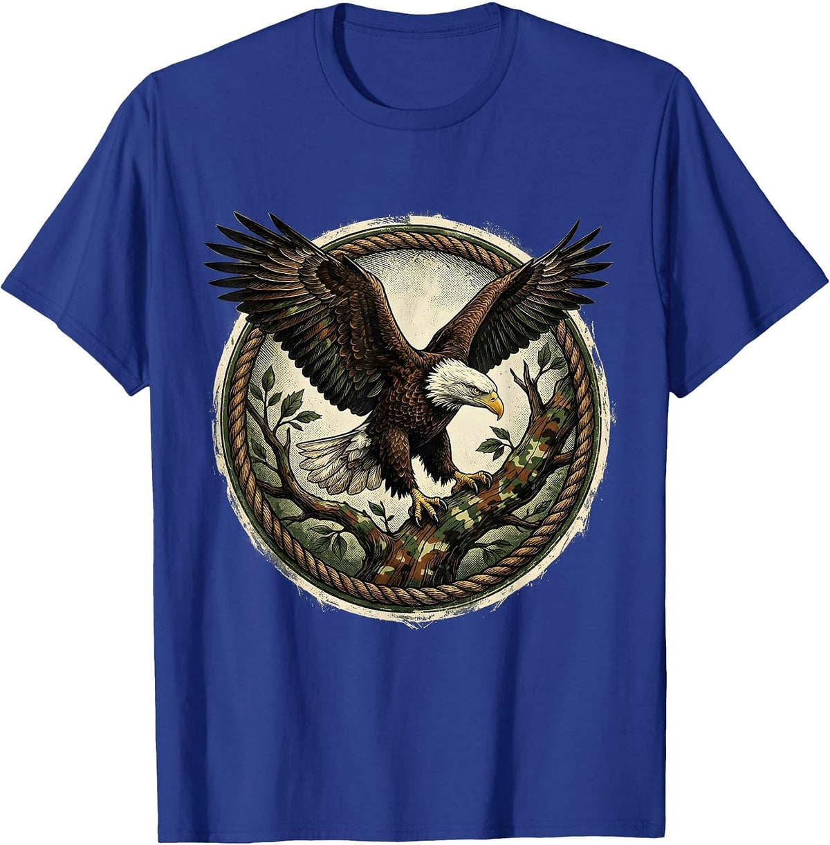 Eagle Landing on Camo Branch Wildlife Design T-Shirt - Royal Blue