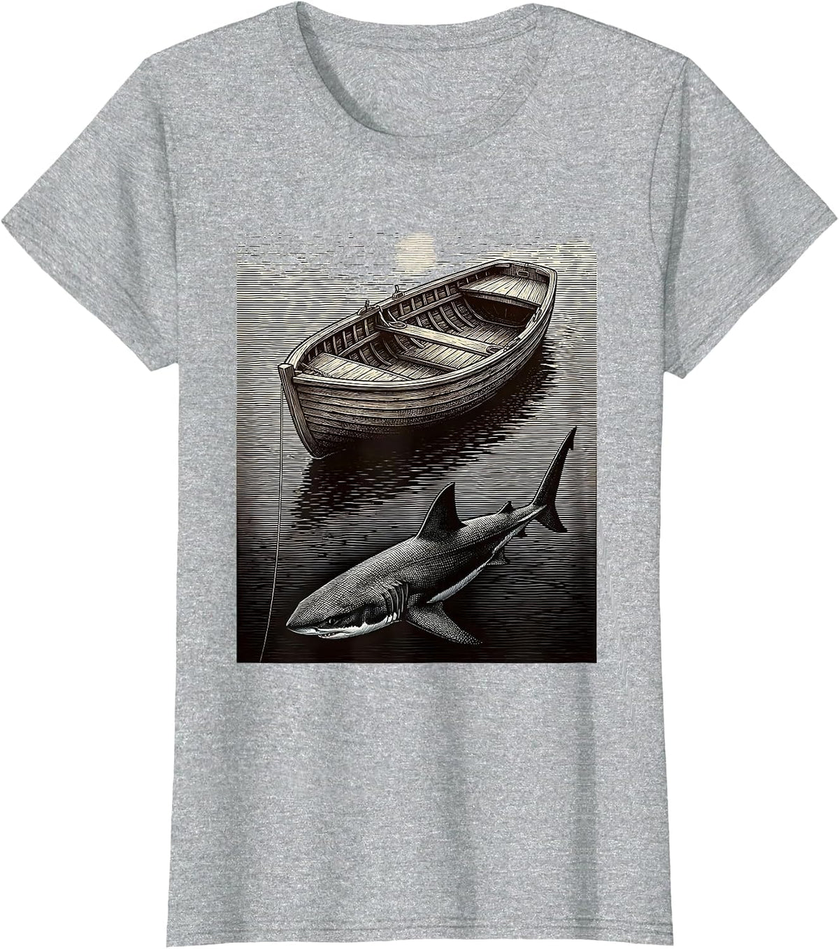 Shark Fin Circling Fishing Boat Graphic Tee T-Shirt - Heather Grey