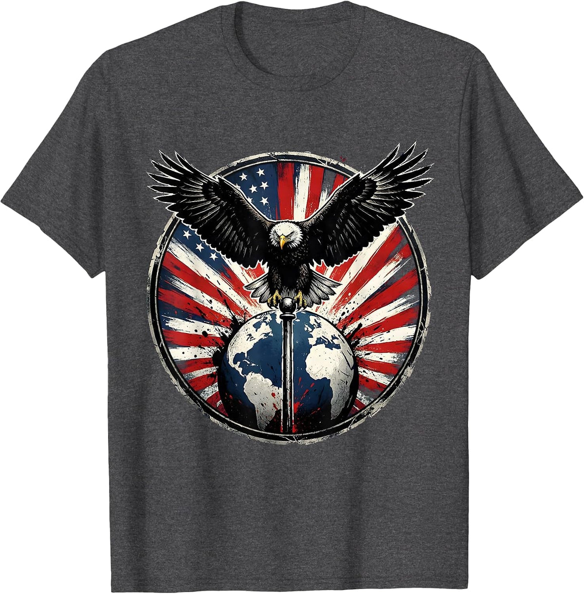Vintage Eagle Atop Flagpole Globe American Flag T-Shirt - Dark Heather Grey