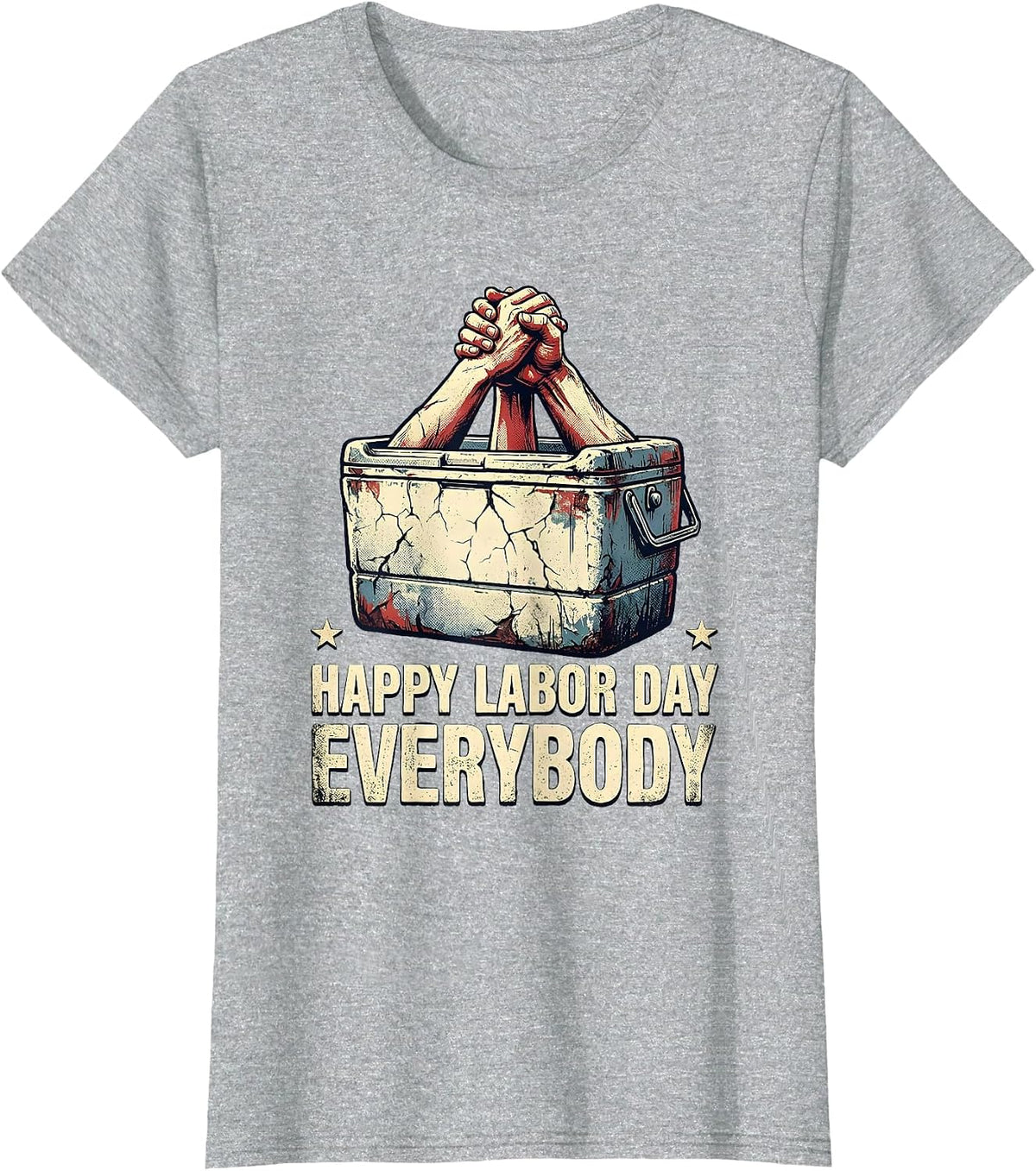 Women's Happy Labor Day, Everybody Distressed Patriotic Americana T-Shirt - Heather Grey