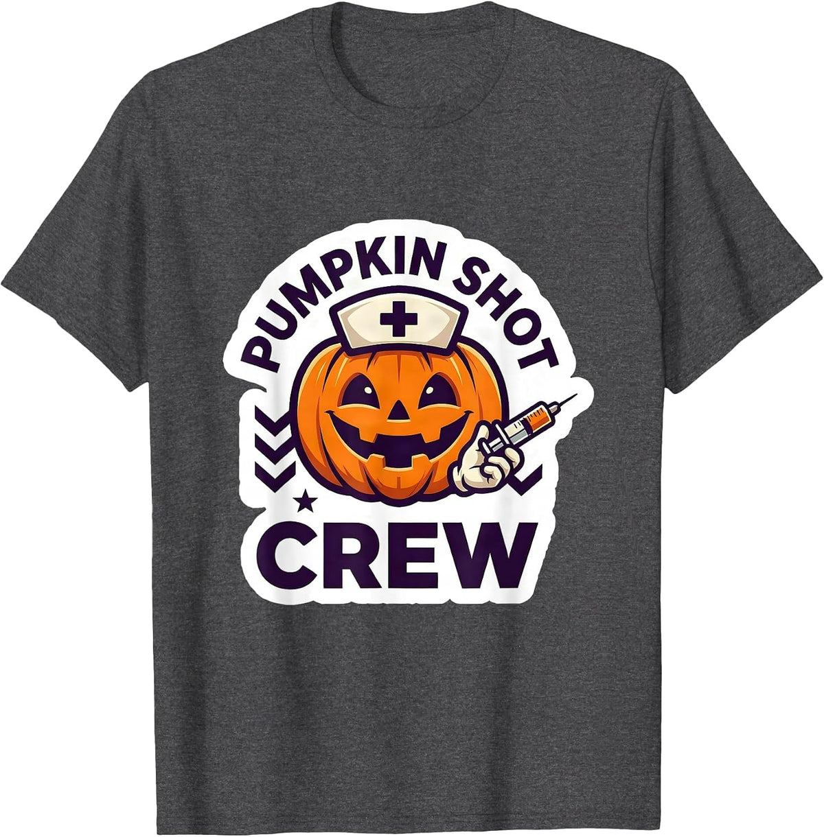 Men's Pumpkin Shot Crew Funny Nurse Halloween Flu Shot Squad T-Shirt - Dark Heather Grey