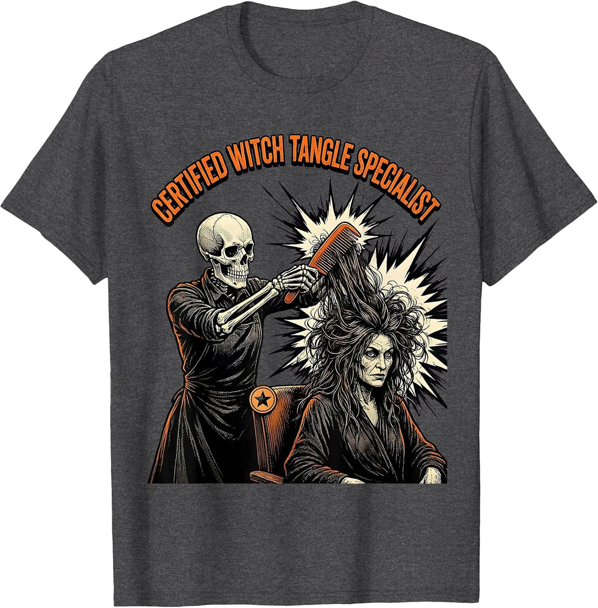 Men's Certified Witch Tangle Specialist Comic Book Skeleton T-Shirt - Dark Heather Grey