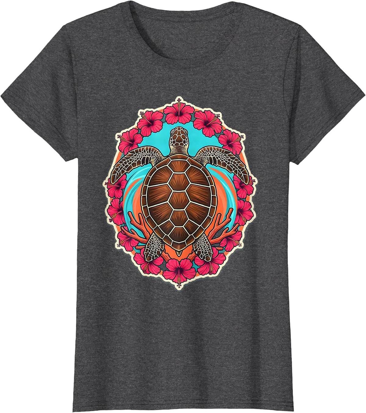 Women's Hawaii Sea Turtle Coral Reef Illustration T-Shirt - Dark Heather Grey