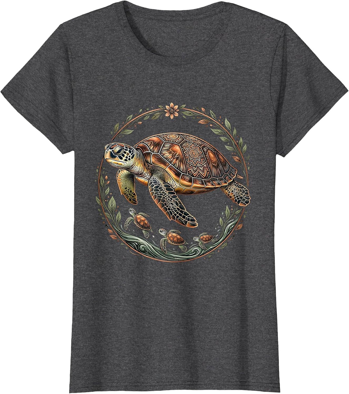 Women's Mama Turtle Guiding Hatchlings to the Ocean T-Shirt - Dark Heather Grey