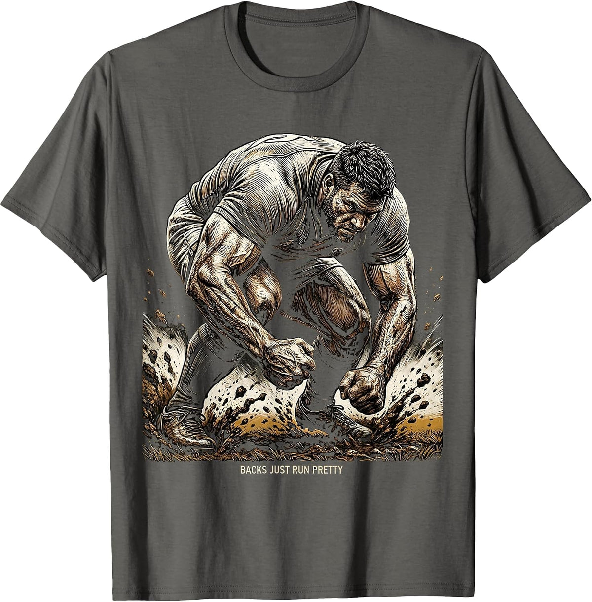 Backs Just Run Pretty Rugby Graphic Design T-Shirt - Asphalt Grey