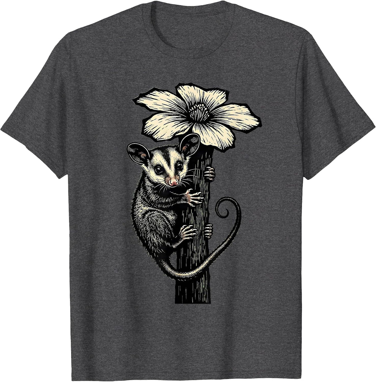 Baby Opossum Clinging to Flower Stem T-Shirt - Dark Heather Grey