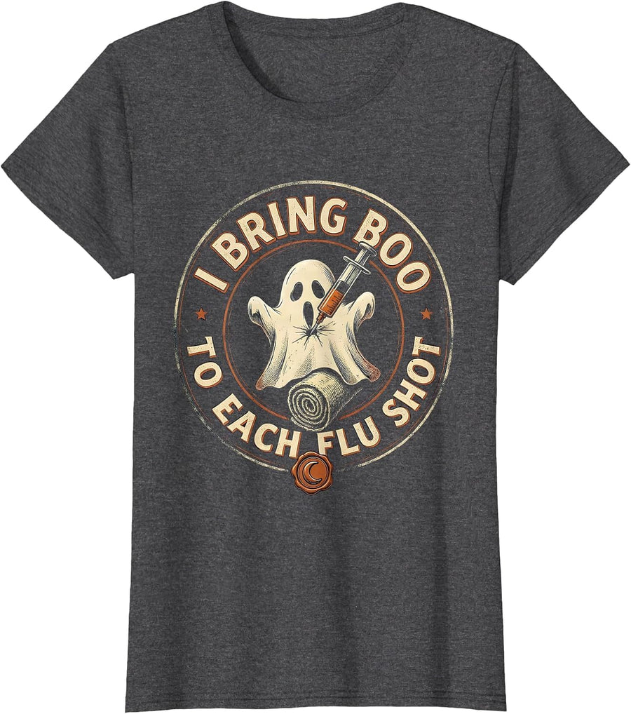 Women's I Bring Boo To Each Flu Shot Vintage Nurse Ghost Halloween T-Shirt - Dark Heather Grey