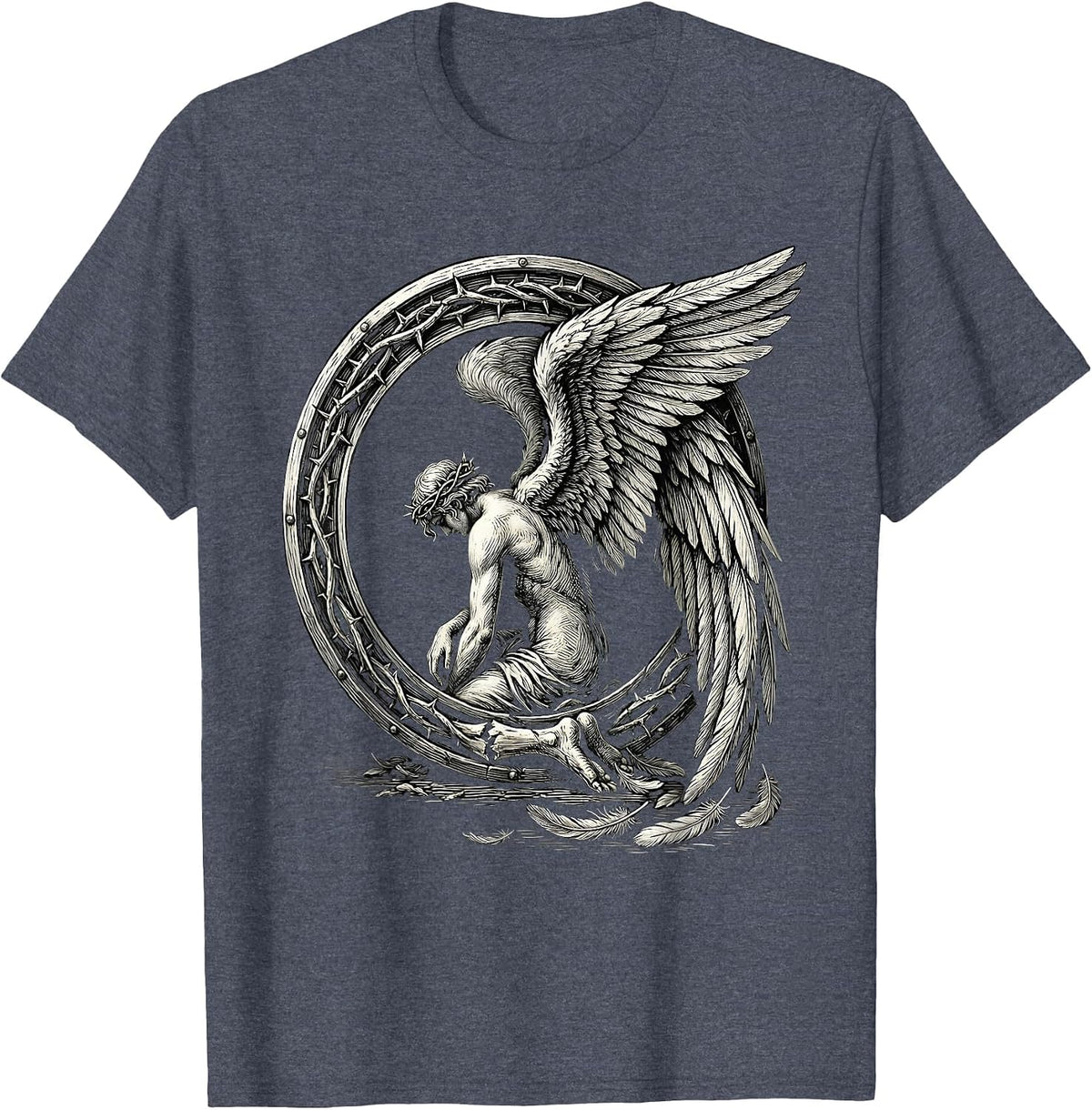 Fallen Angel Broken Wing Emo Graphic Design T-Shirt - Heather Blue