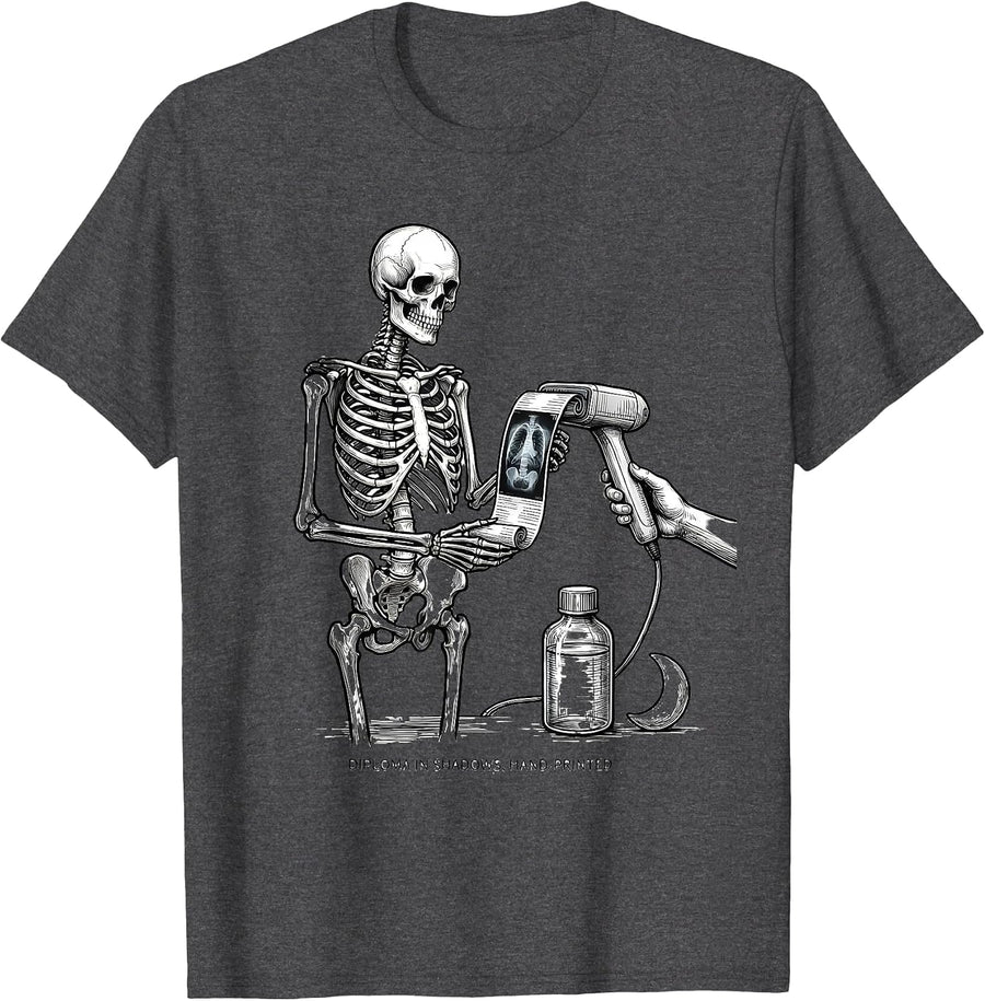Men's Diploma In Shadows Hand-Printed Radiology Tech Halloween T-Shirt - Dark Heather Grey