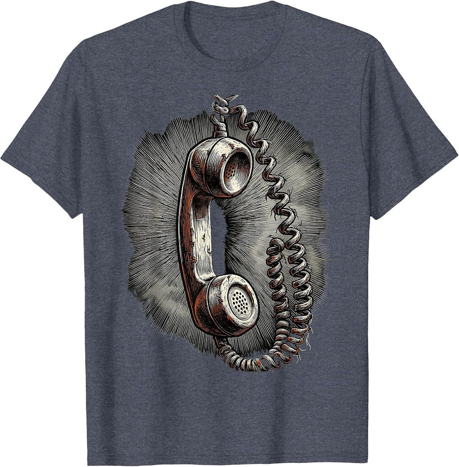 Grunge Foggy Payphone Receiver Dangling Art T-Shirt - Heather Blue