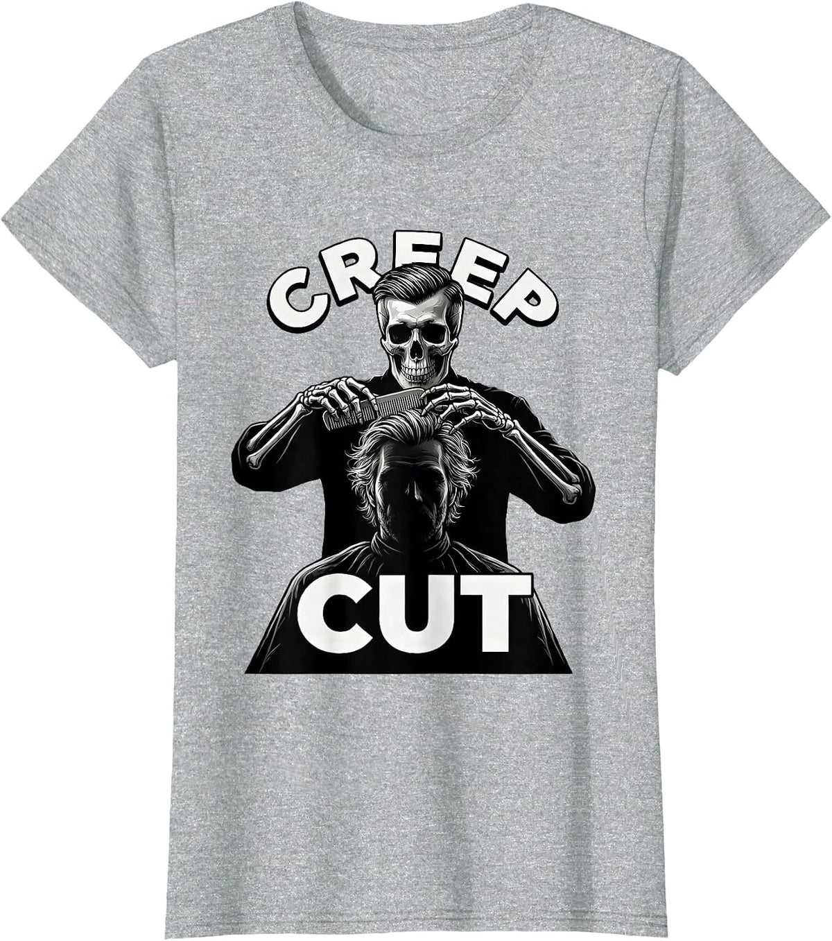 Women's Creep Cut Skeleton Hairstylist Halloween Barber Humor T-Shirt - Heather Grey