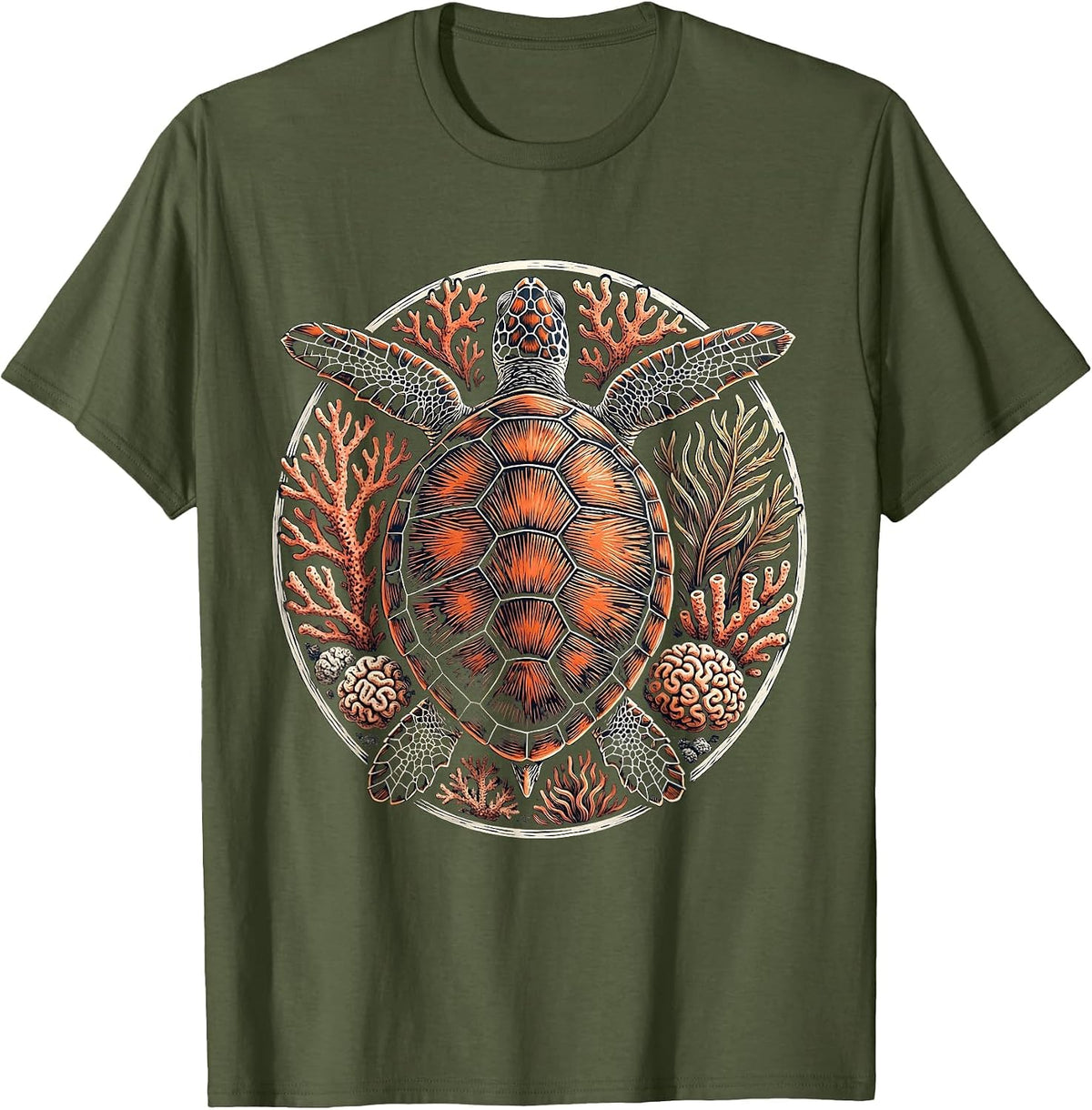 Hawaiian Sea Turtle Coral Reef Graphic T-Shirt - Olive Green