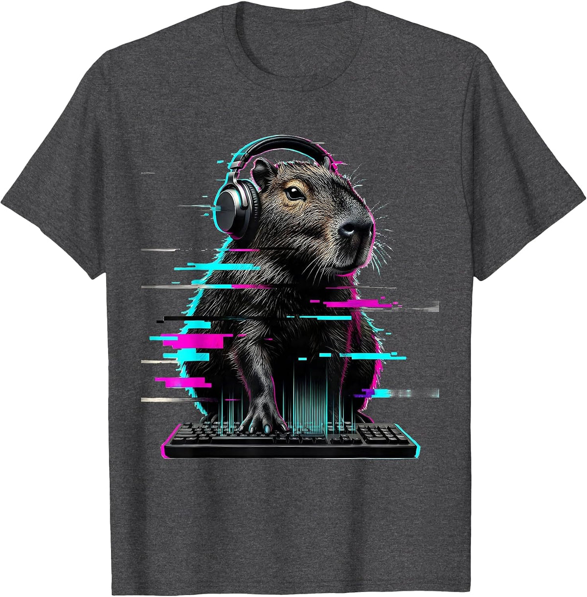 Men's Capybara Gamer Glitch Humor Animal Lover Meme T-Shirt - Dark Heather Grey