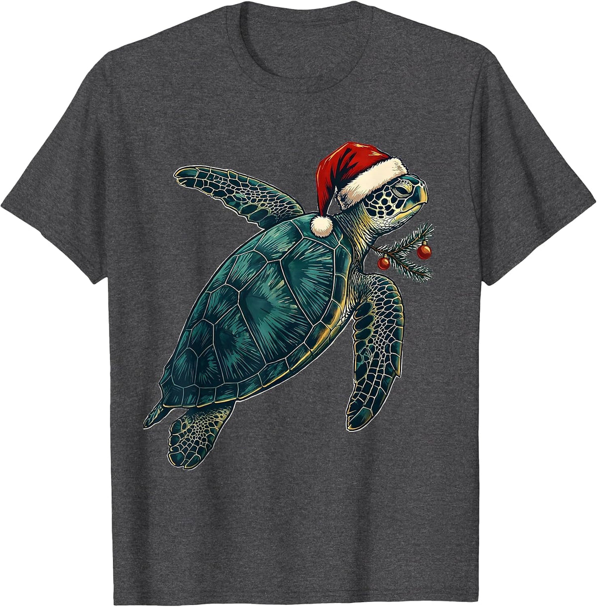 Sea Turtle Santa Hat Linocut Holiday Novelty T-Shirt - Dark Heather Grey