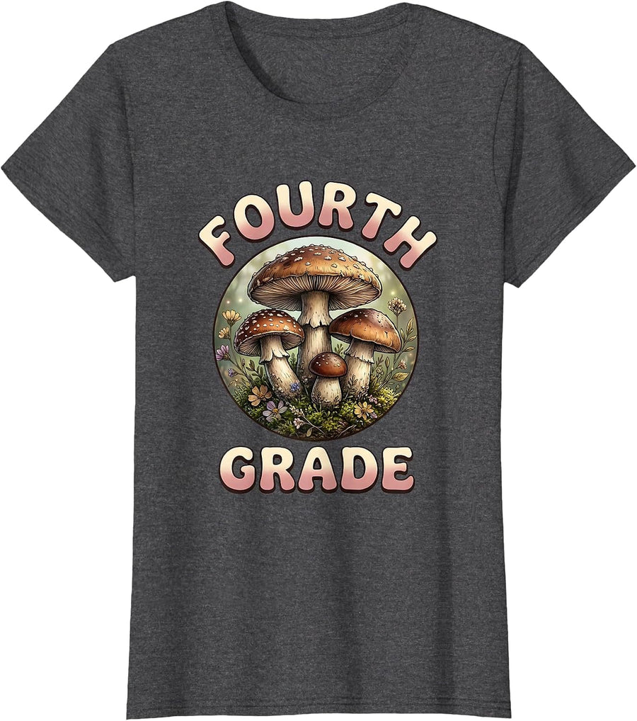 Women's FOURTH GRADE Cottagecore Retro Flower Power Back To School T-Shirt - Dark Heather Grey