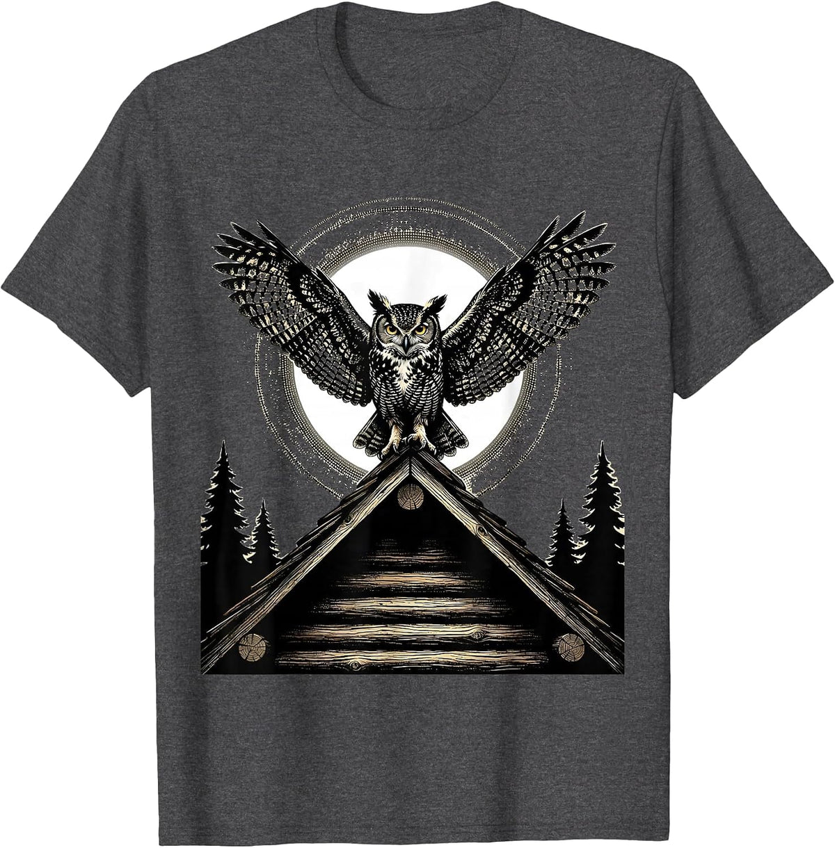 Men's Owl on Cabin Rooftop Night Scene Illustration T-Shirt - Dark Heather Grey