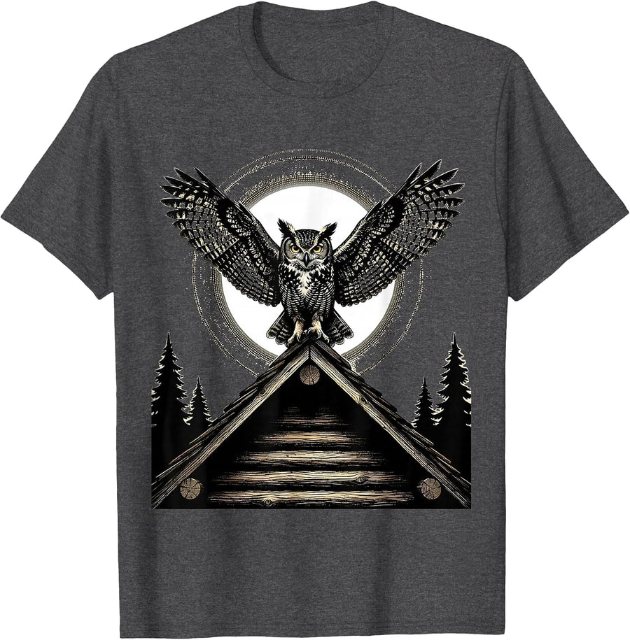 Men's Owl on Cabin Rooftop Night Scene Illustration T-Shirt - Dark Heather Grey