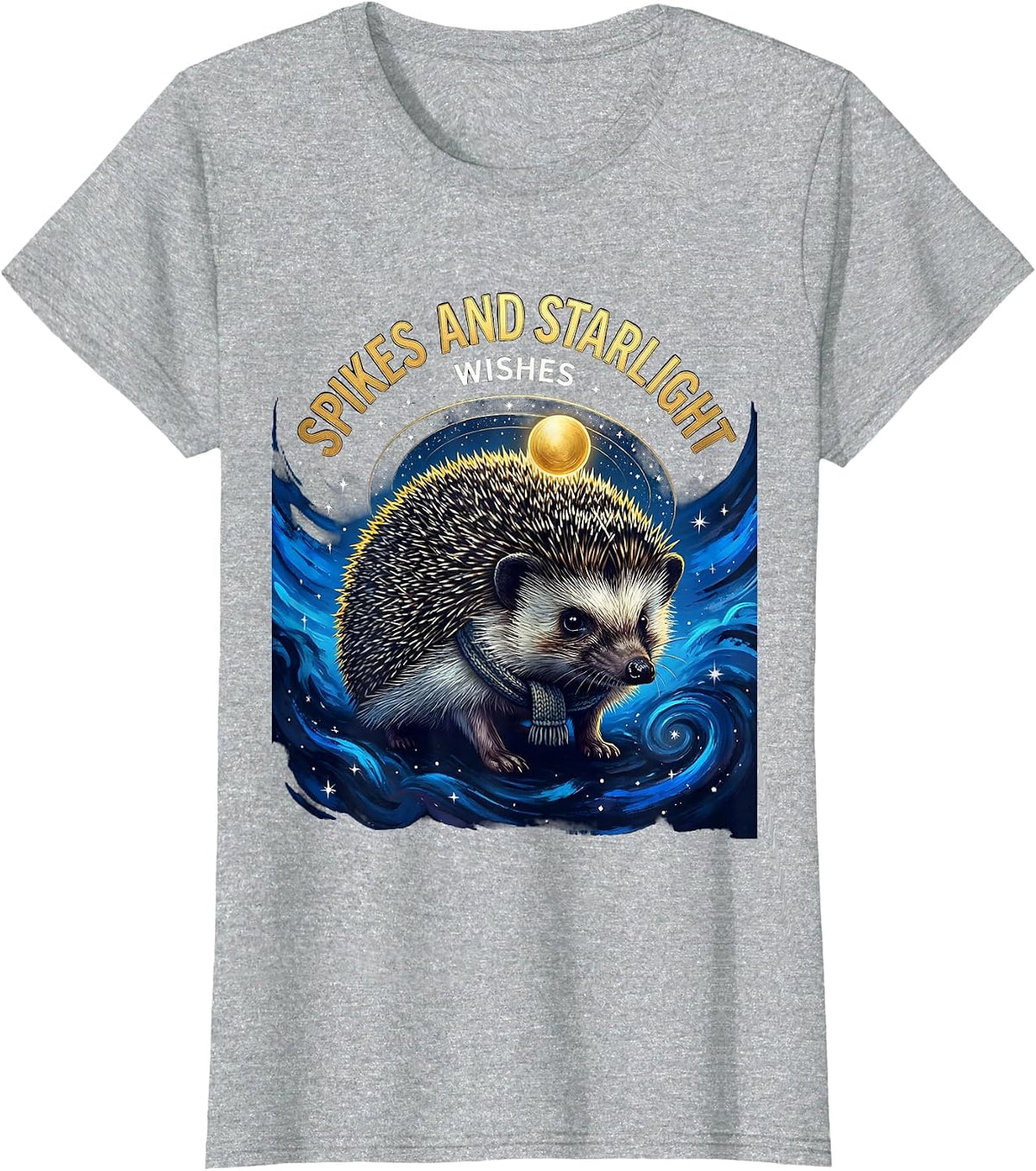 Women's Spikes And Starlight Wishes Cosmic Hedgehog Van Gogh Parody T-Shirt - Heather Grey